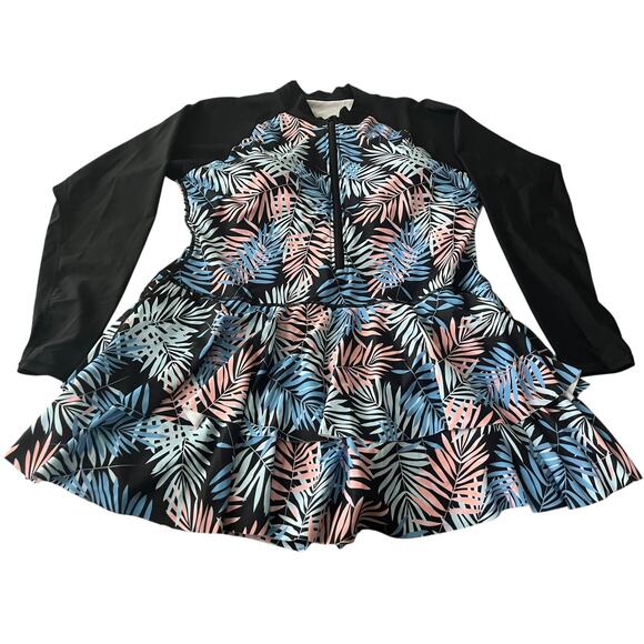 UNIQUEBELLA LONG SLV ZIP FRONT 1-PIECE SWIM DRESS, WOMENS, 3XL, BLUE PINK BLACK - Picture 4 of 11